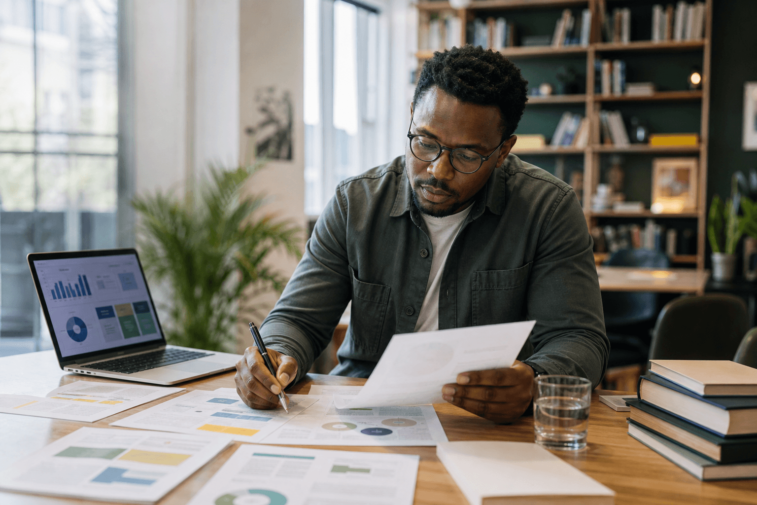 Researcher reviewing market reports in a shared workspace