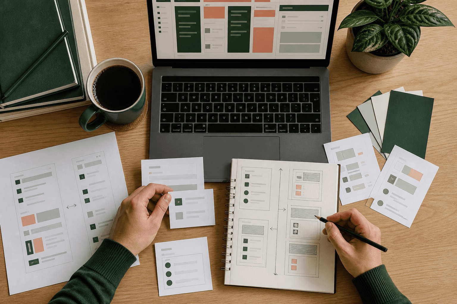 Designer planning a digital productivity template at a desk