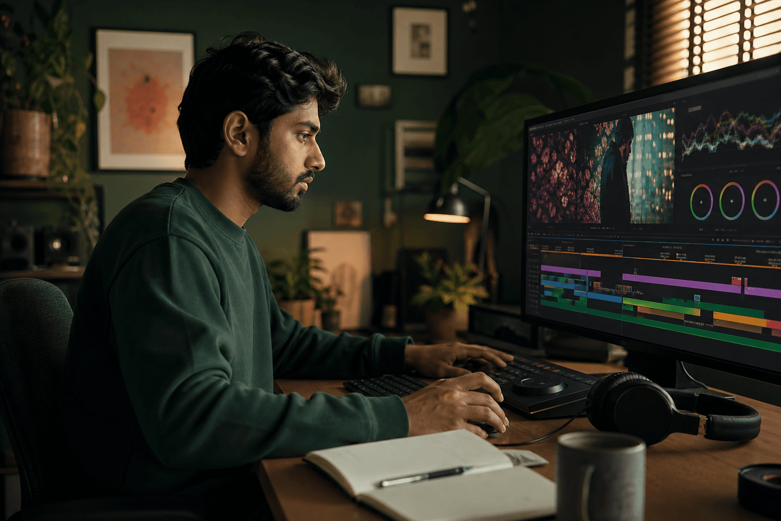 Freelance video editor working in a home studio